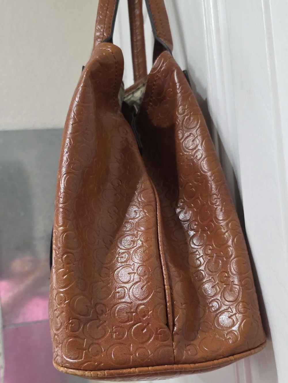 Guess Signature Embossed Leather Tote Bag in Cognac Brown